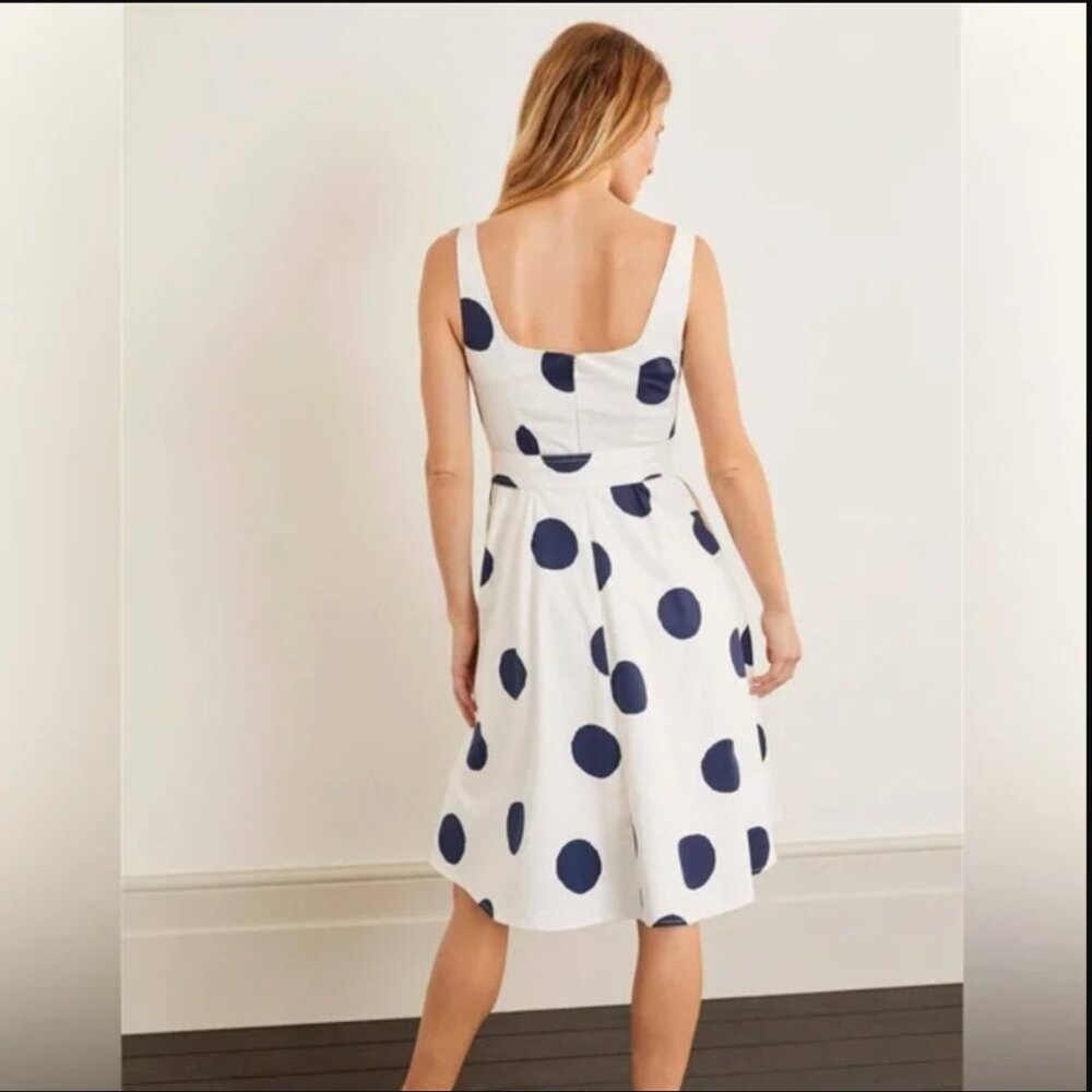 Boden Winifred Dress Womens Size 12 Cream Navy Blue Dot Midi Fit Flare Cotton - Picture 2 of 14
